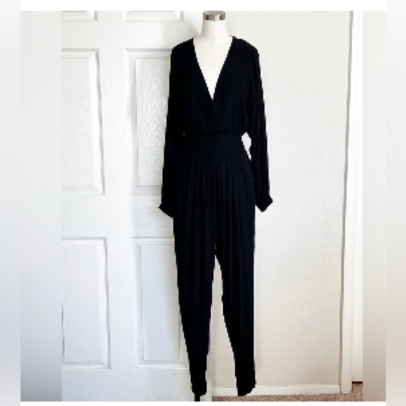 INDAH Gianyar Black Pleated V Neck Jumpsuit Revolve Lightweight Long Sleeve | S - Picture 2 of 7